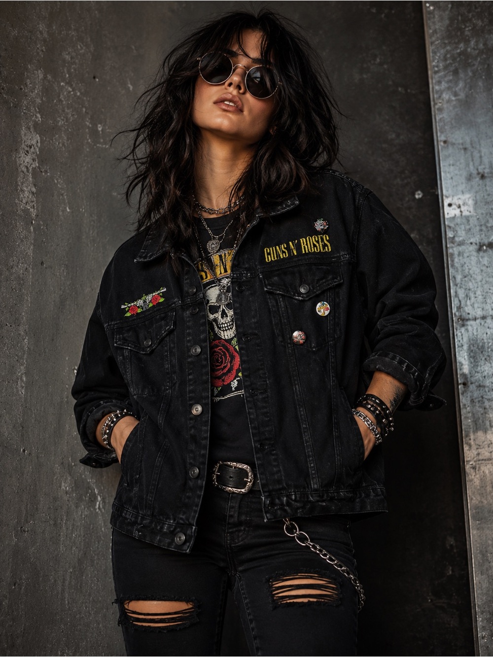 Guns N Roses Black Denim Jacket Skull Cross Logo Back Graphic Size L Unisex